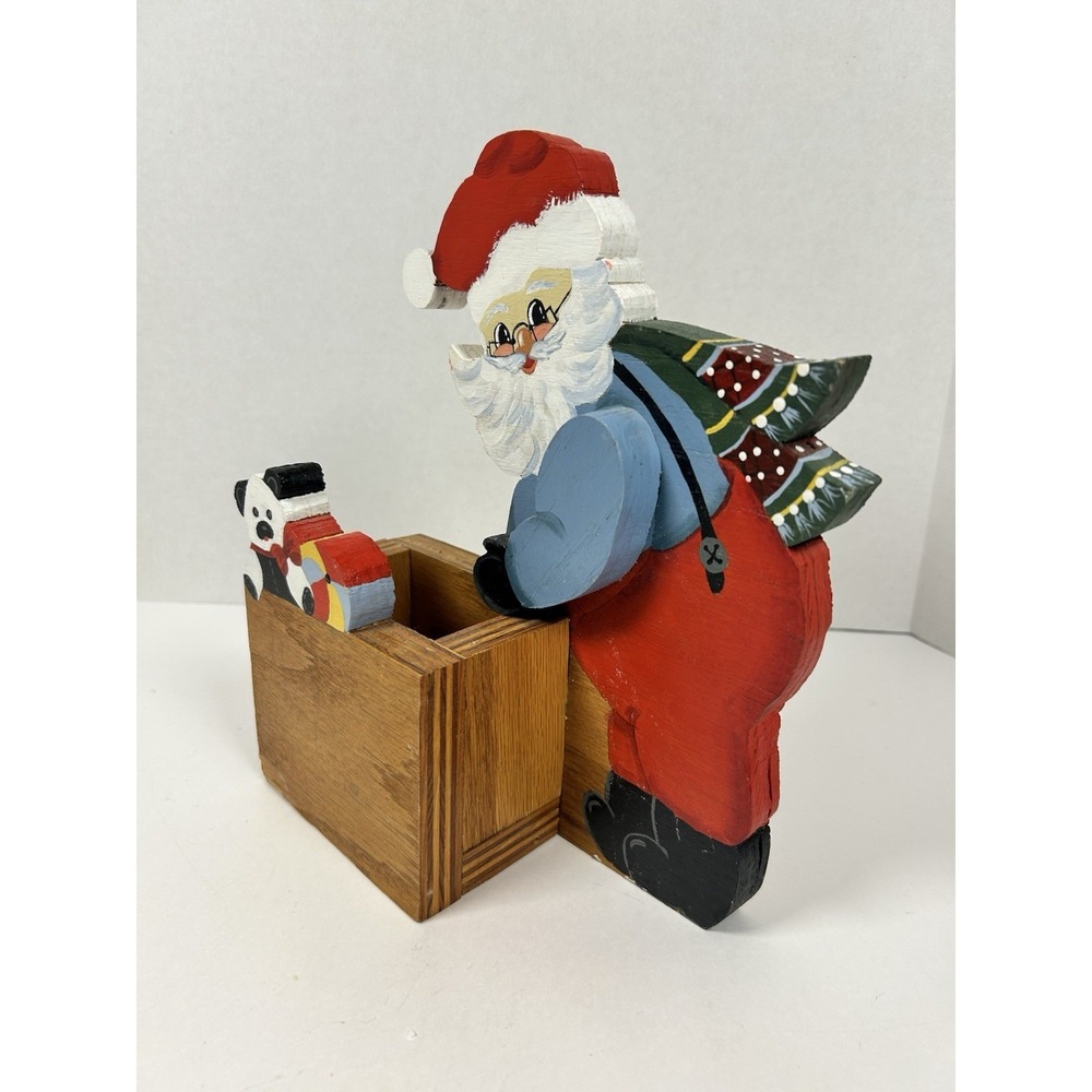 Handmade Wooden Painted Santa & Toys Freestanding Decor VTG - Picture 3 of 10
